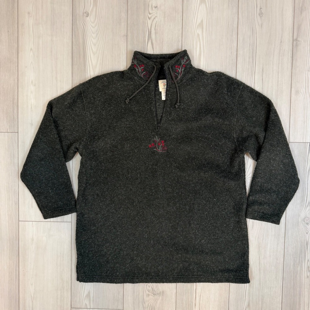 Victorias Secret Country Fleece Quarter Zip Pullover Gray Floral Embroidered S